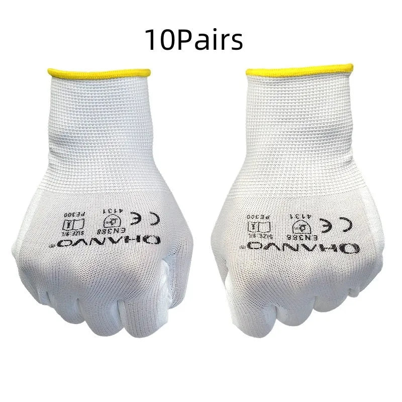 White PU coated labour gloves with 24 cm length shown in large and medium sizes