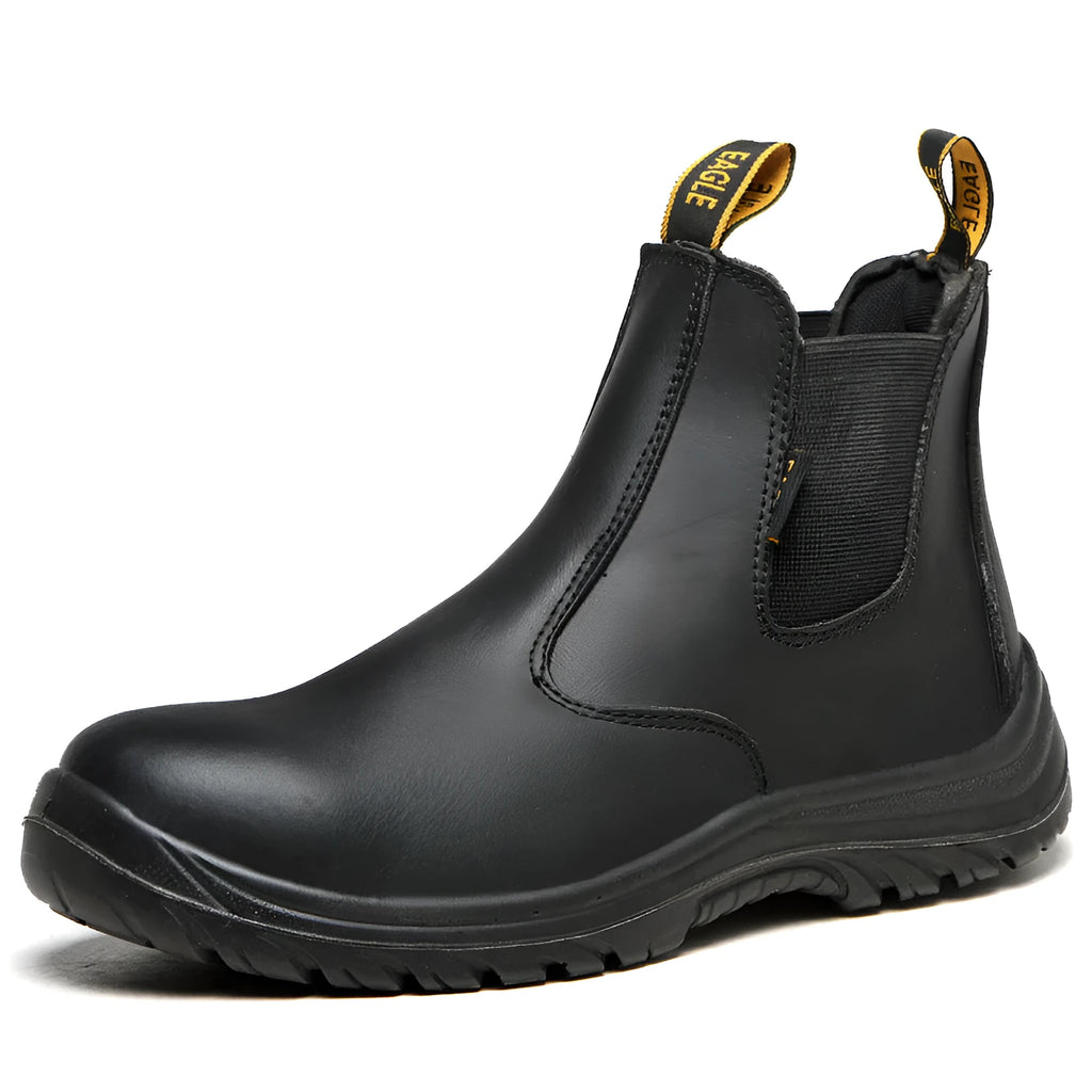 Black high-top leather safety work boots with anti-piercing sole on a white background.