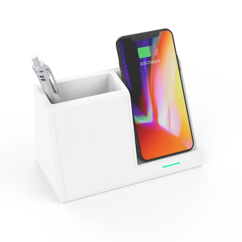 Black leather desk organiser with wireless charging top and pen holder compartment