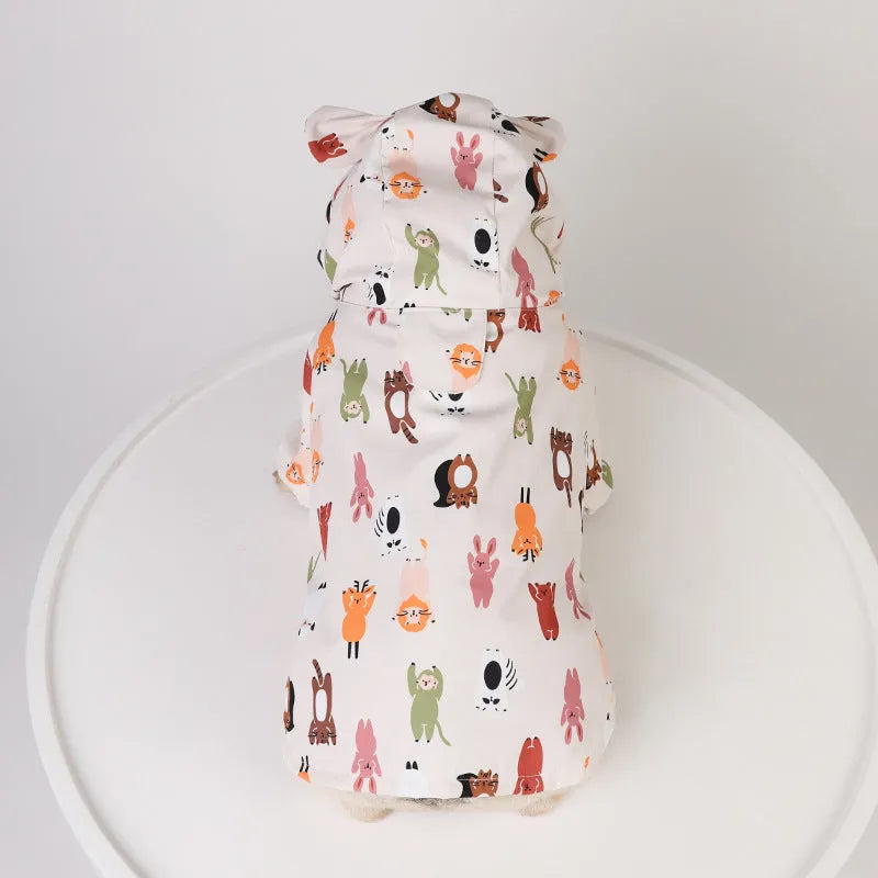 Beige cartoon dog raincoat with double waterproof coating in multiple sizes