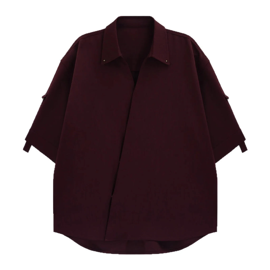 Men's loose casual polyester shirt in red, cardigan style front view on hanger