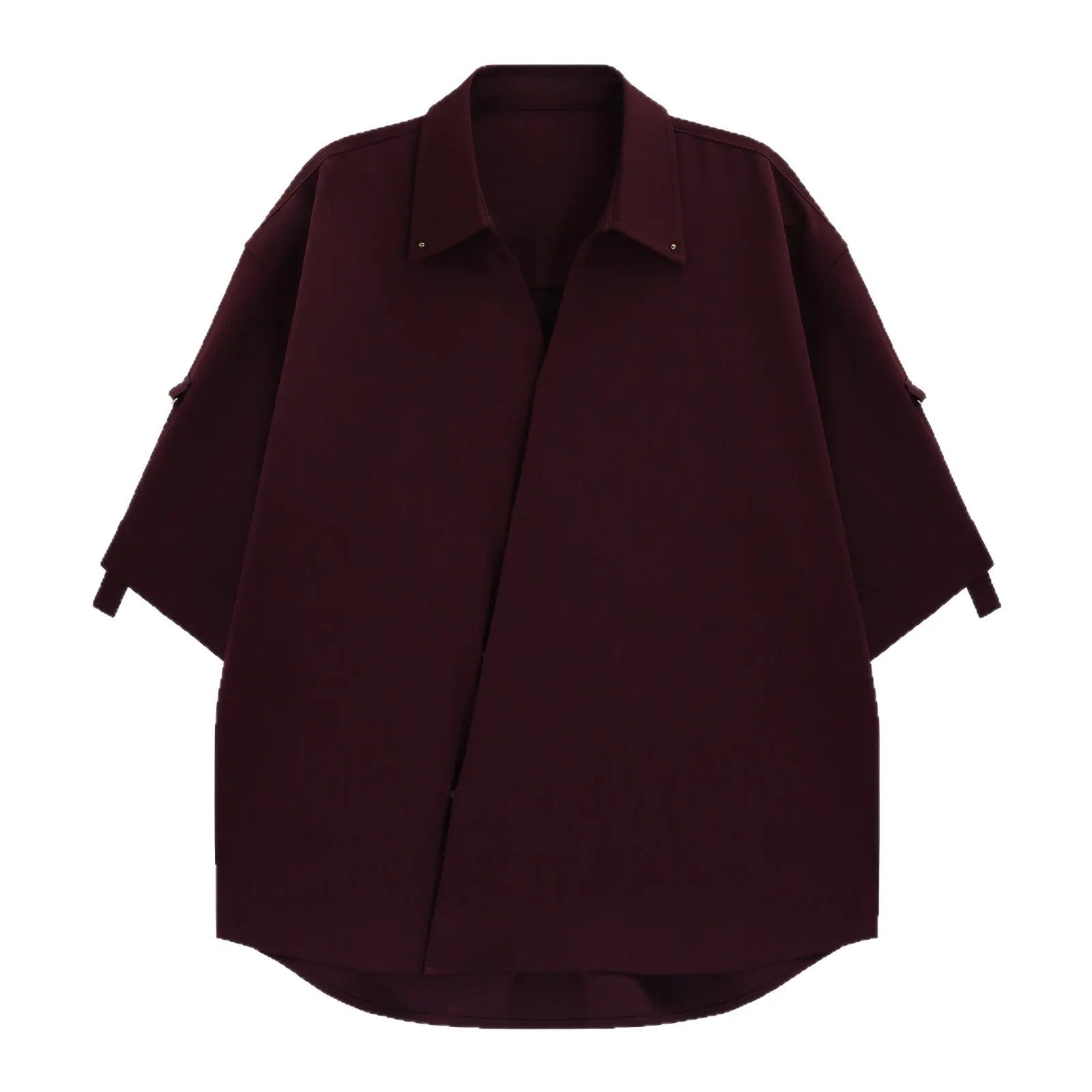 Men's loose casual polyester shirt in red, cardigan style front view on hanger