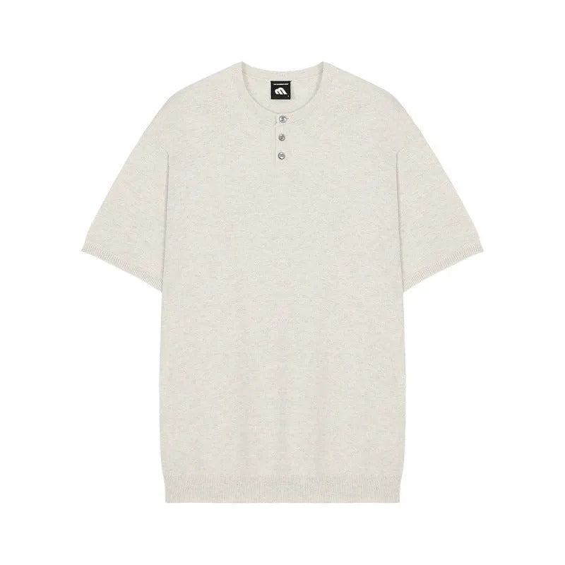 Men's slim-fit ice silk knitted shirt in black, khaki, or white with short sleeves for casual wear