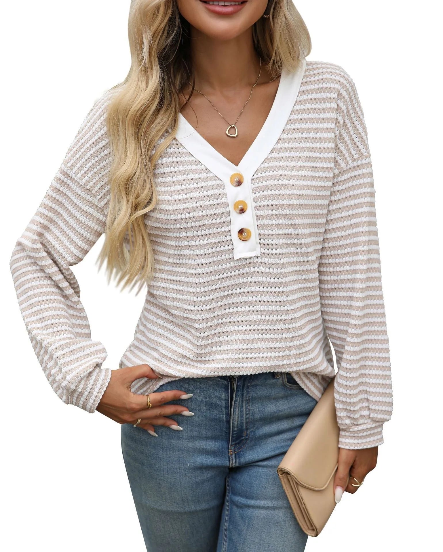 Women's V-neck patchwork pullover top in polyester fabric available in five colours
