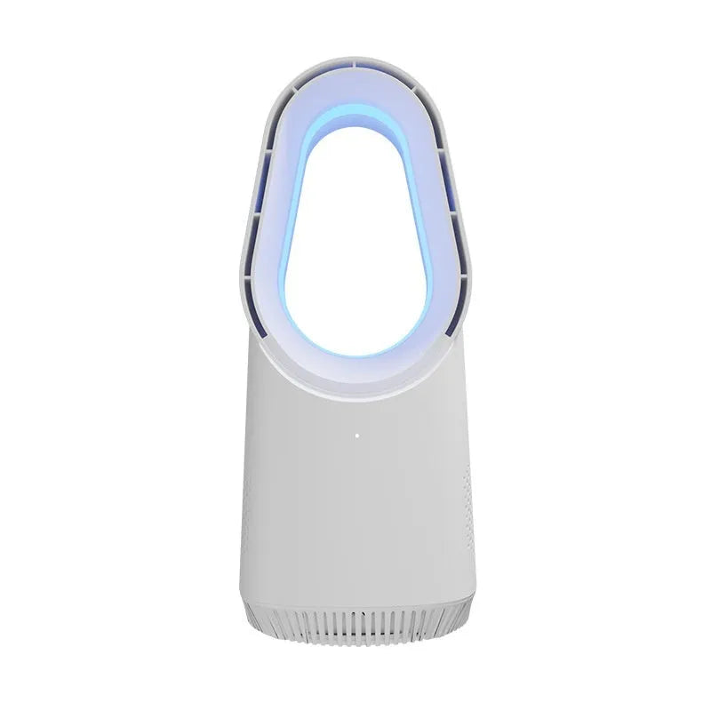 SK white bladeless tower fan with remote control on floor next to desk