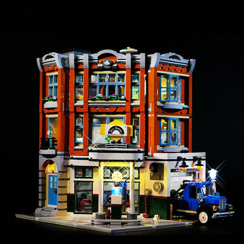 Plastic MOC model LED lighting accessories kit for building a lit corner repair shop scene.