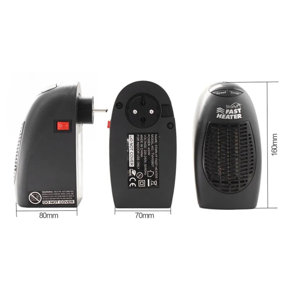 Small black portable ceramic electric heater with digital display on a white background