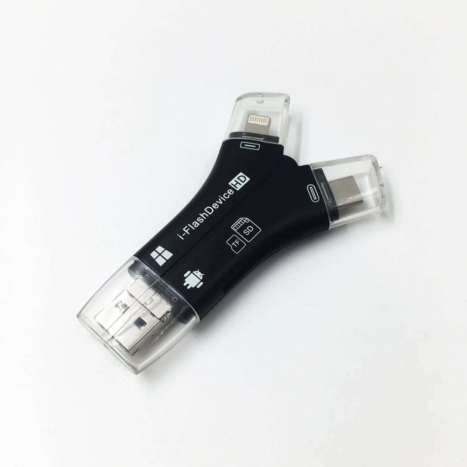 White 4-in-1 card reader with SD and Micro SD slots for iPhone and Android devices