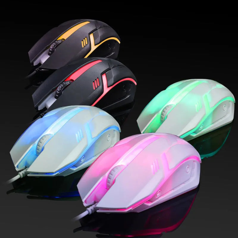 USB wired desktop mouse with colourful glowing lighting effects and black or white colour options
