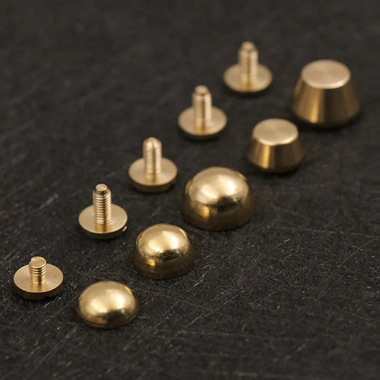 Brass decorative buckle foot nail accessories showing 10x6mm and 12x7mm sizes with round and bucket designs
