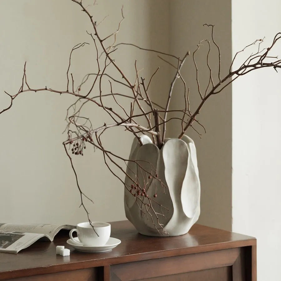 Irregular ceramic vase in magnesium clay finish with high and low style options for flower arrangements