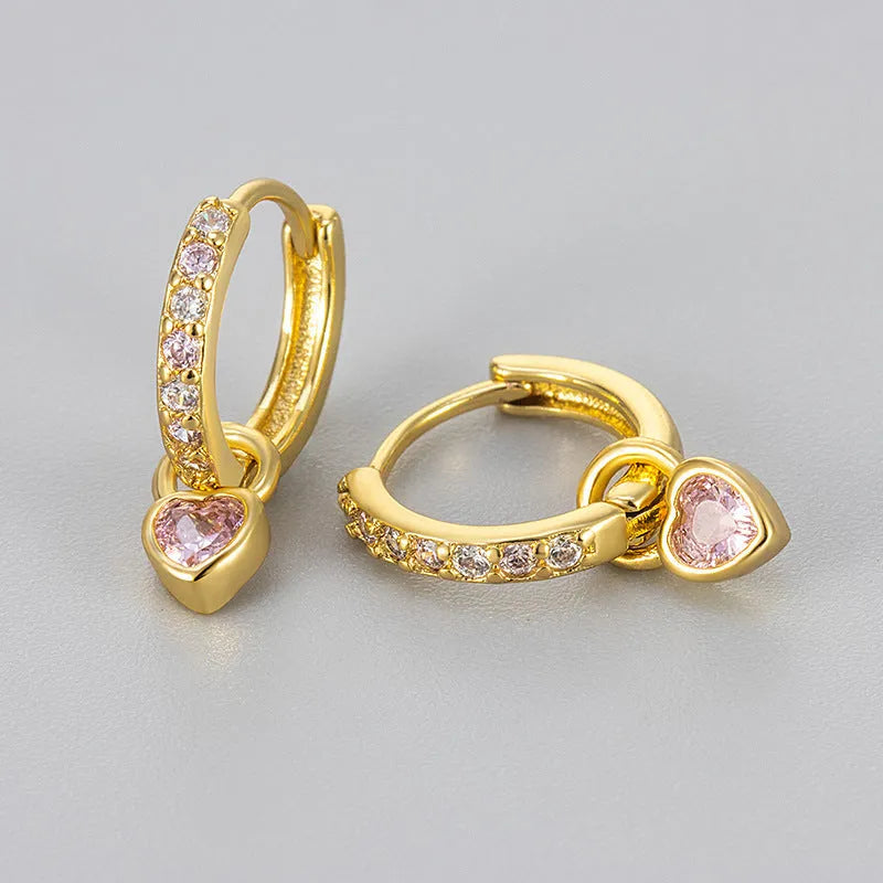Women's heart-shaped drop earrings with colourful stones in gold or white gold coloured settings