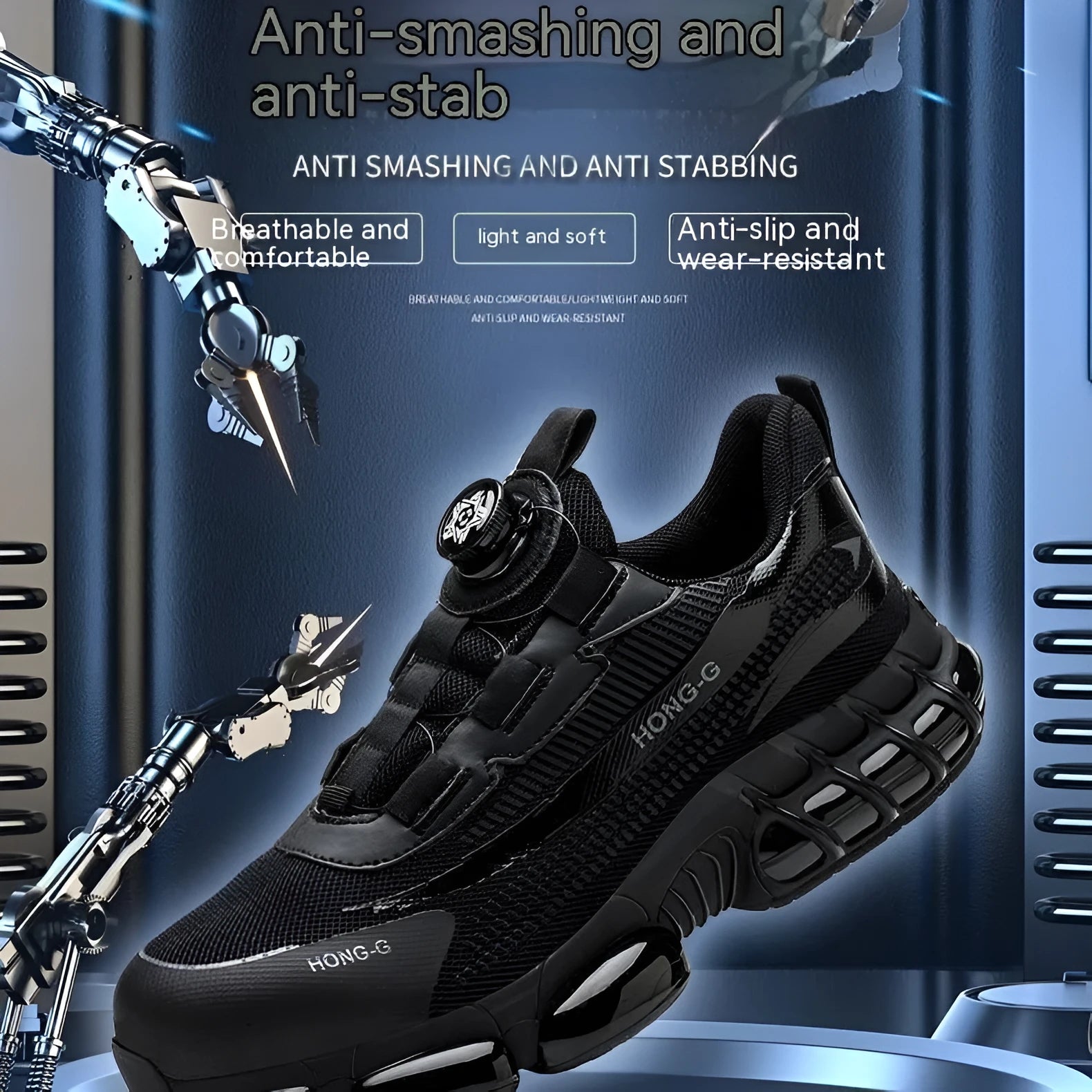 Lightweight black safety work shoes with laces and a steel toe cap on a grey background.
