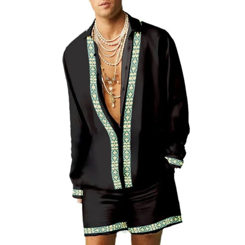Men's casual summer shirt and shorts two-piece set in slim fit polyester