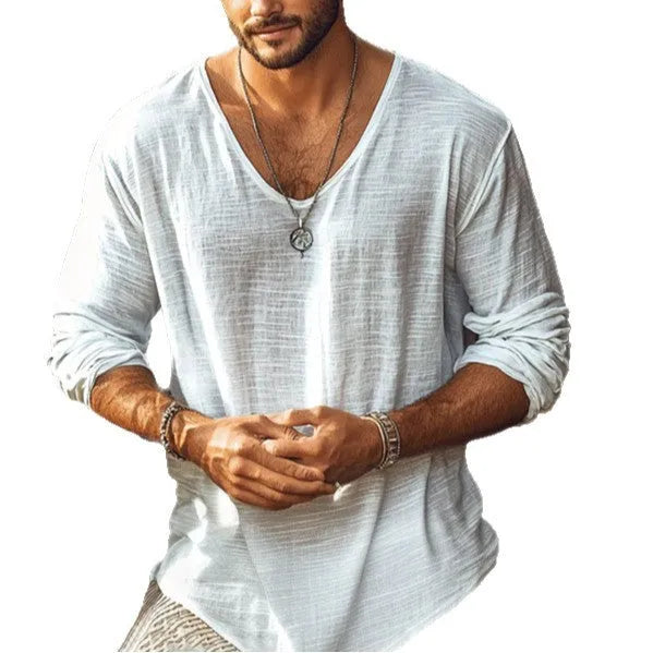 Men's beige V-neck long sleeve t-shirt in slim fit made from hemp blend fabric