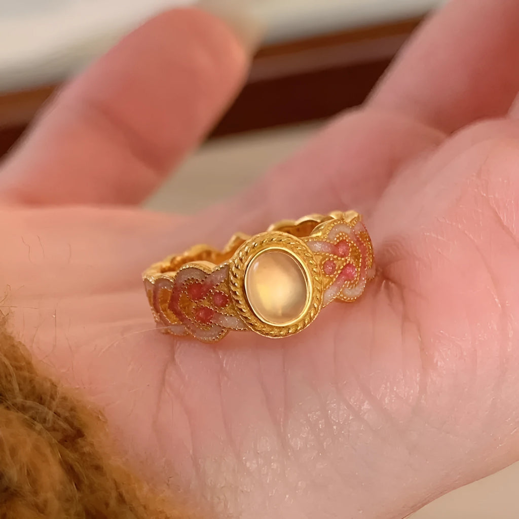 Pink crystal enamel geometric open ring for women on gold plated copper band