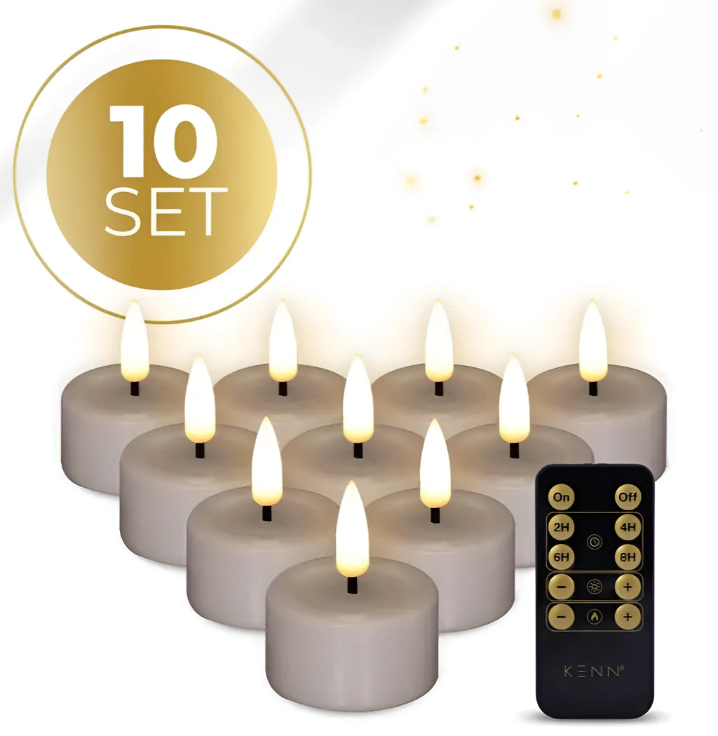 Taupe-coloured S10 3D Flame LED tealight candle showing realistic flickering light effect.