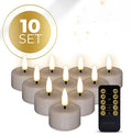 Taupe-coloured S10 3D Flame LED tealight candle showing realistic flickering light effect.