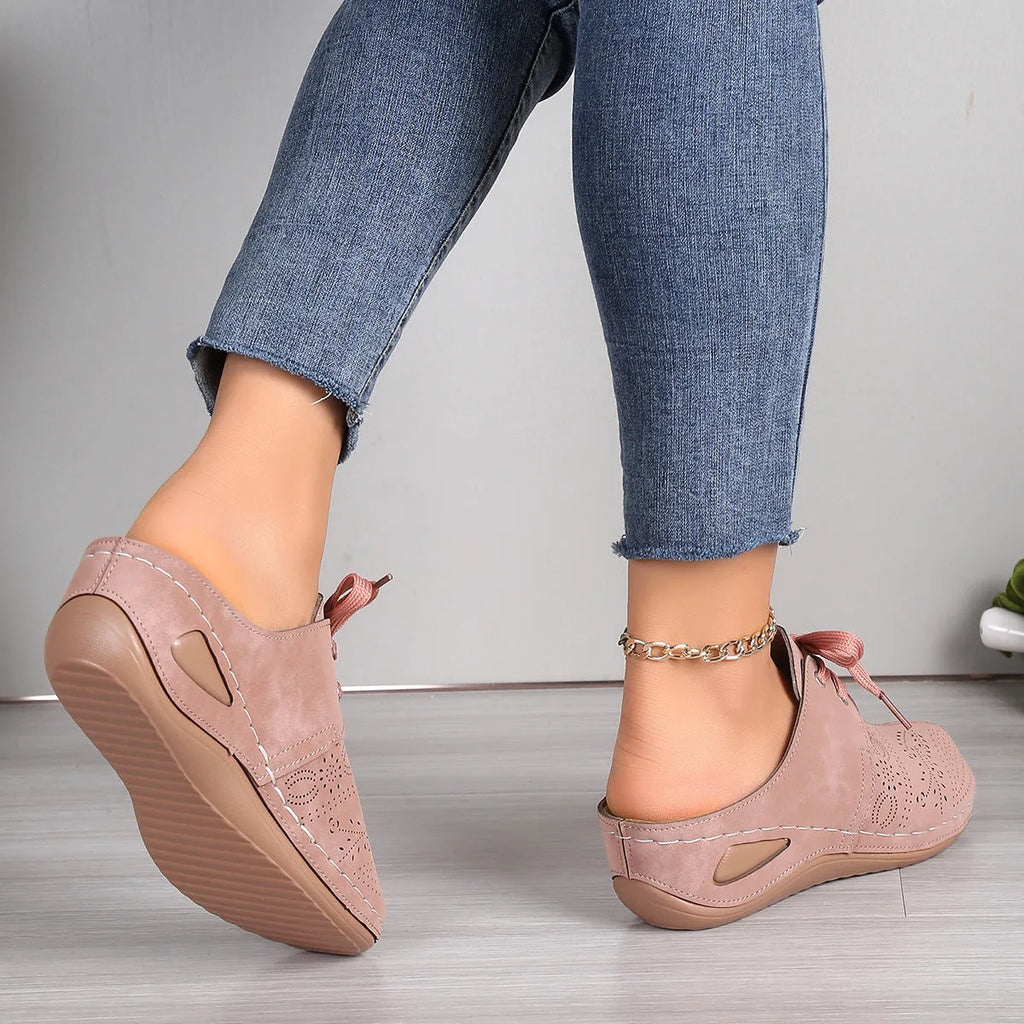 Women's summer wedge slippers with suede upper, lace-up design, and rubber sole in light grey.