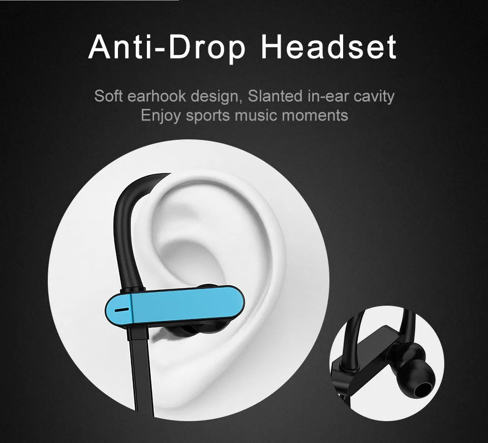 Sports earphones with ear hooks in black blue, black grey, white gold and white silver colours