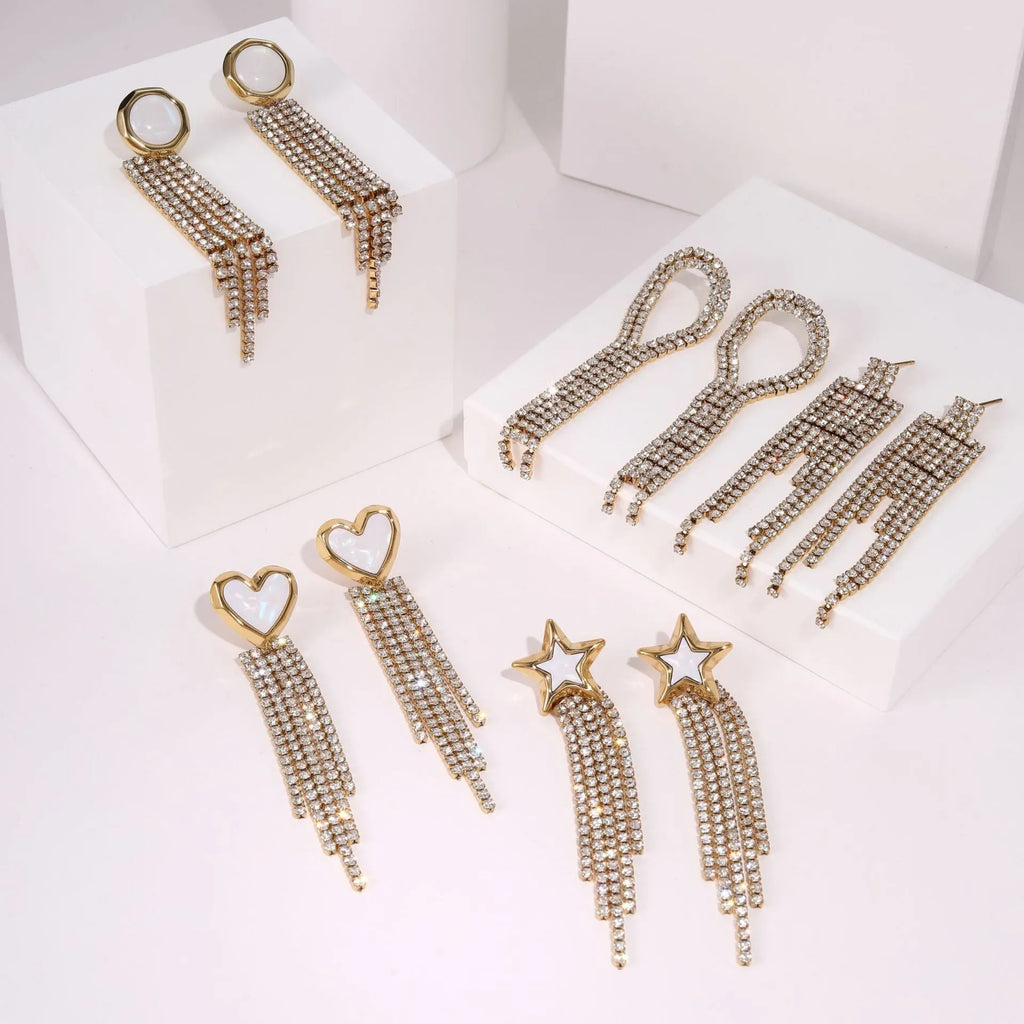 Women's stainless steel heart and star shaped earrings with electroplated 18K gold finish and geometric tassel design