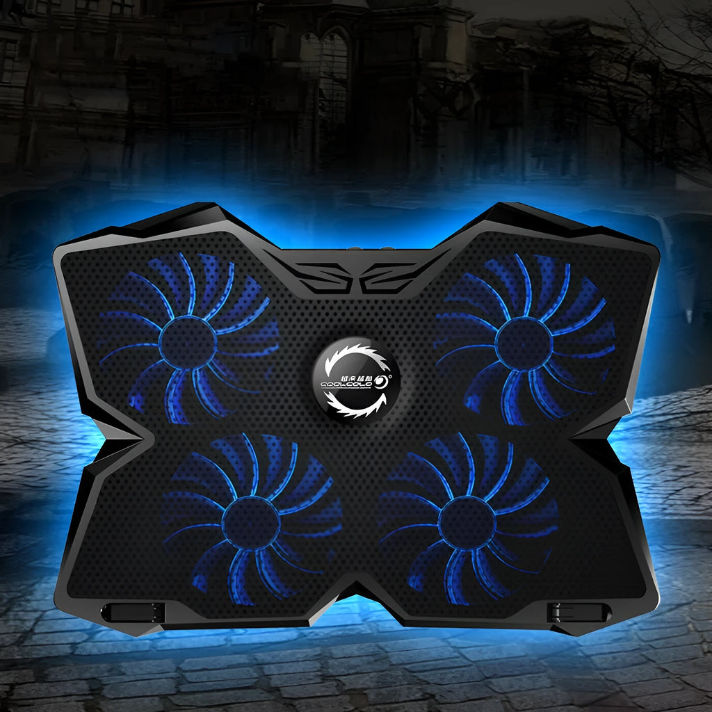 Blue computer cooling base with four LED fans and two control switches