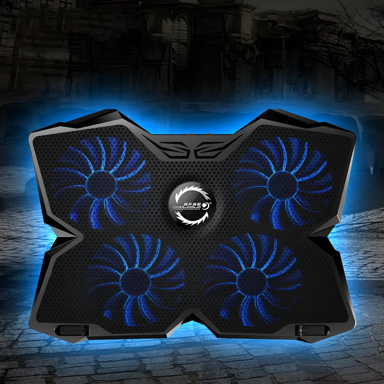 Blue computer cooling base with four LED fans and two control switches