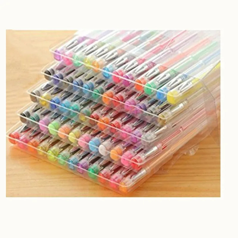 100 colour gel pen set with highlighter pens showing dual-tip sizes of 0.5mm and 1mm