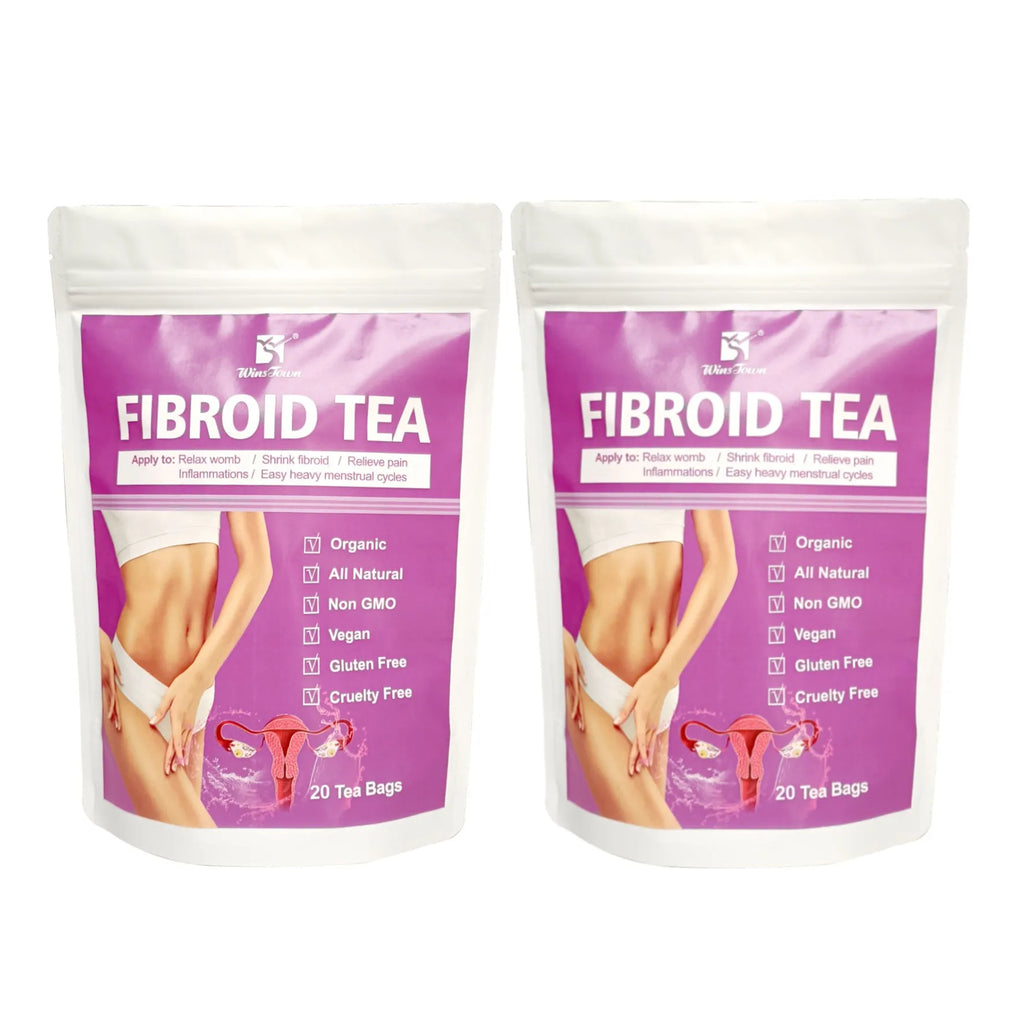 Pack of herbal fibroid tea bags with C83 Winstown packaging for cold extract brewing.