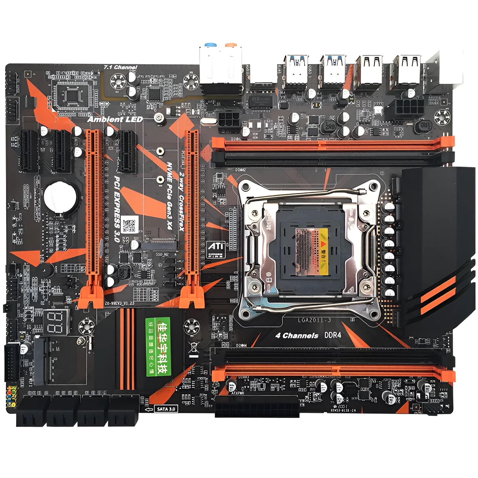 X99 computer motherboard with LGA2011-3 CPU socket and four DDR4 memory slots
