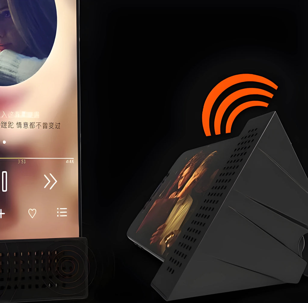 Portable black ABS plastic mobile phone amplifier bracket holding an iPhone in horizontal position.