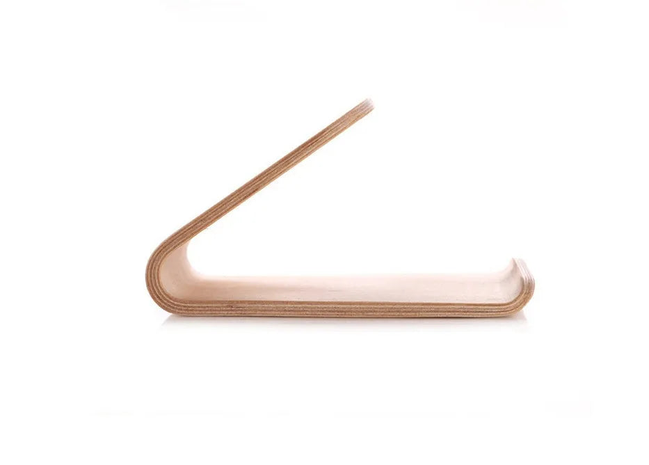 Solid wood phone stand for iPhone in natural walnut or white maple finish with minimalist bracket design
