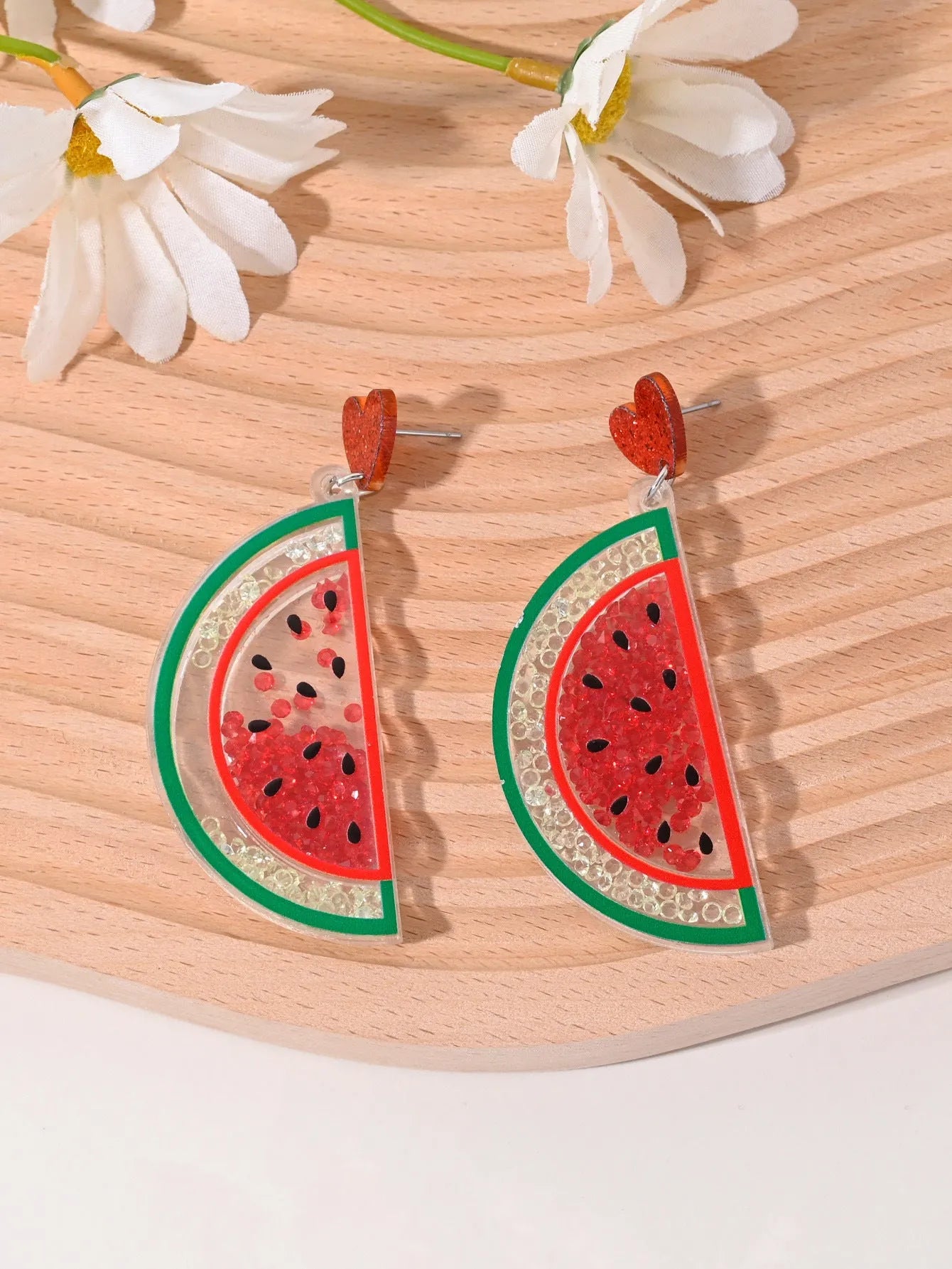 Colourful acrylic earrings with cherry, strawberry, watermelon, pineapple, coconut tree, cake, and ice cream designs for women.