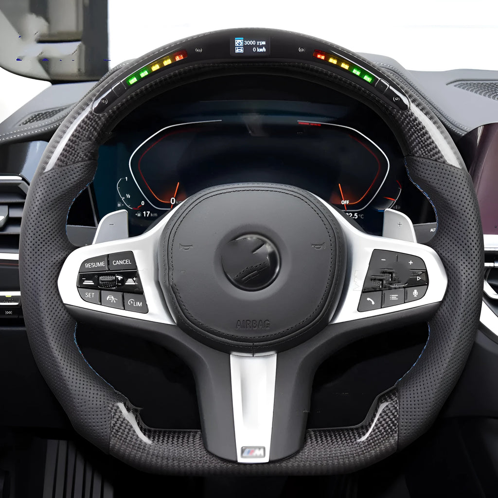 Black carbon fibre LED steering wheel for BMW X3 and X5 models