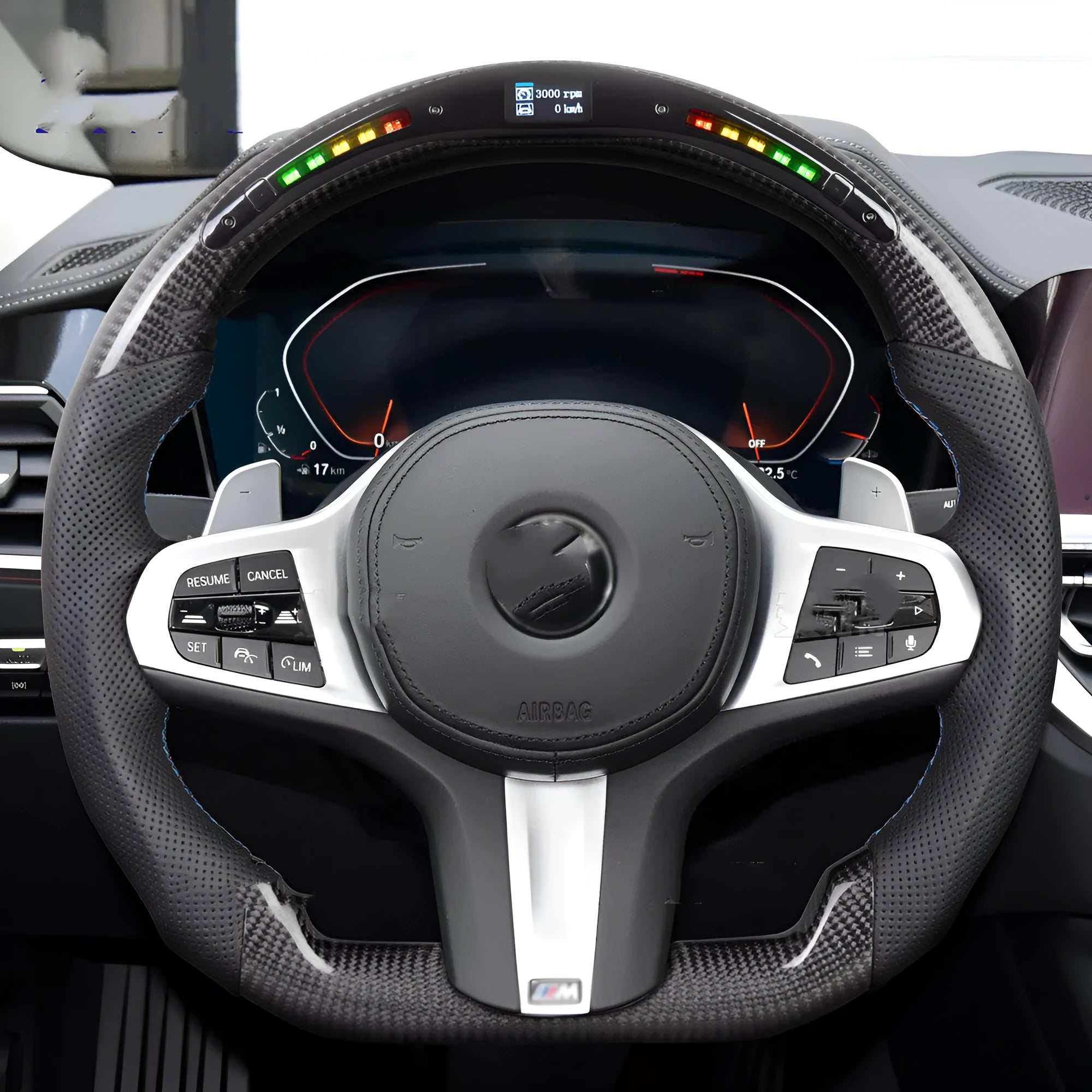 Black carbon fibre LED steering wheel for BMW X3 and X5 models