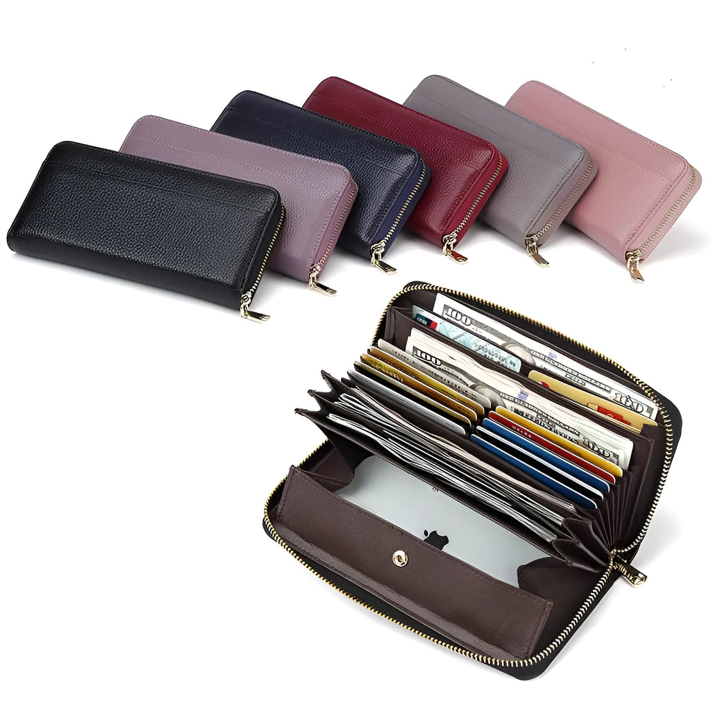 Genuine leather women's long bifold wallet in six colour options showing card slots and anti-theft feature
