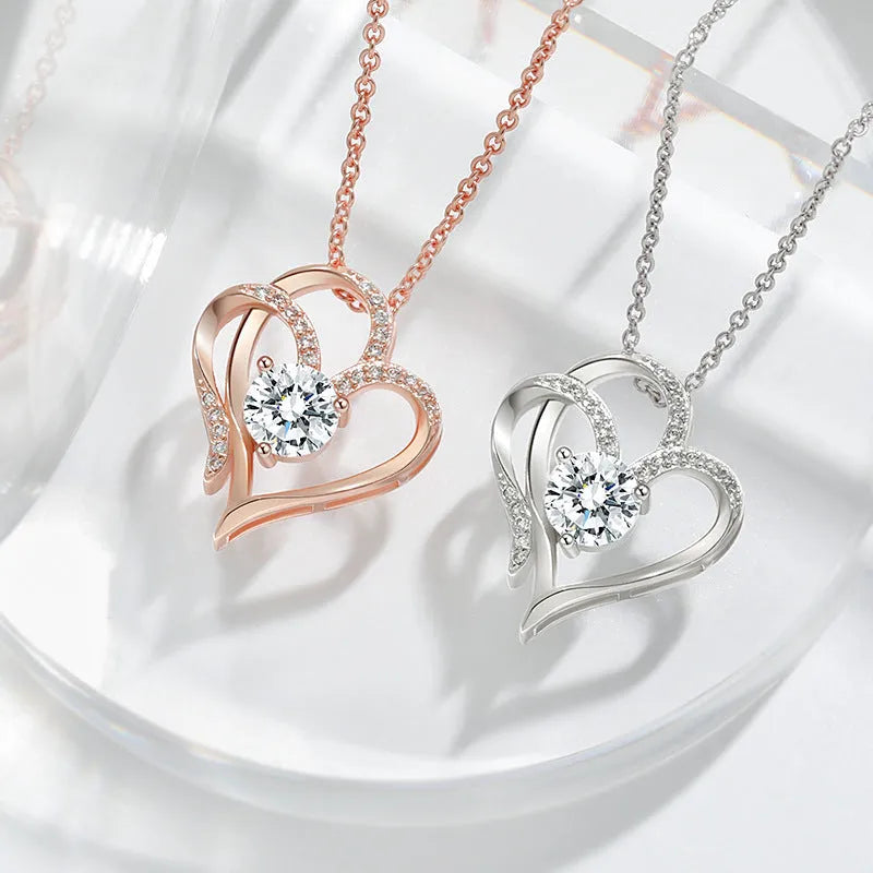 Women's heart-shaped 925 silver necklace with diamond treatment in rose, white, or yellow gold.