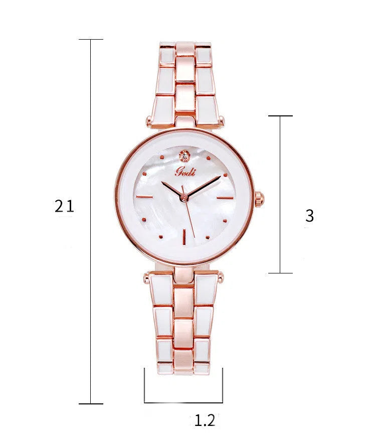 Round white dial ladies quartz watch with stainless steel strap and rose gold accents