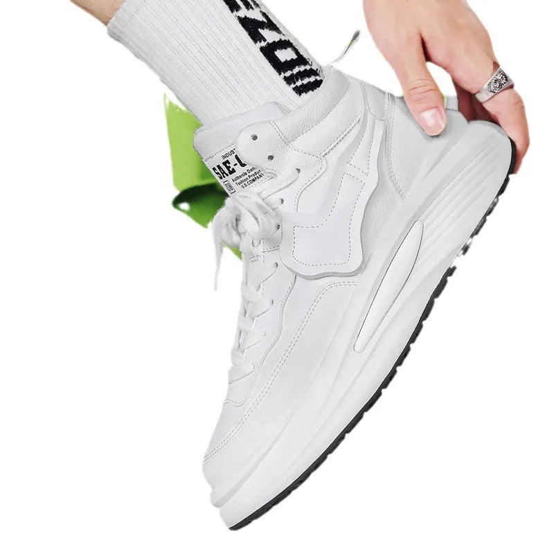 Men's black and white high-top platform board shoes with round toe and artificial PU material
