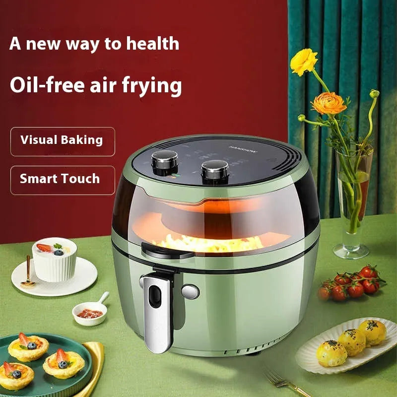 8-litre air fryer oven with visible window showing mechanical button controls and nano ceramic coating