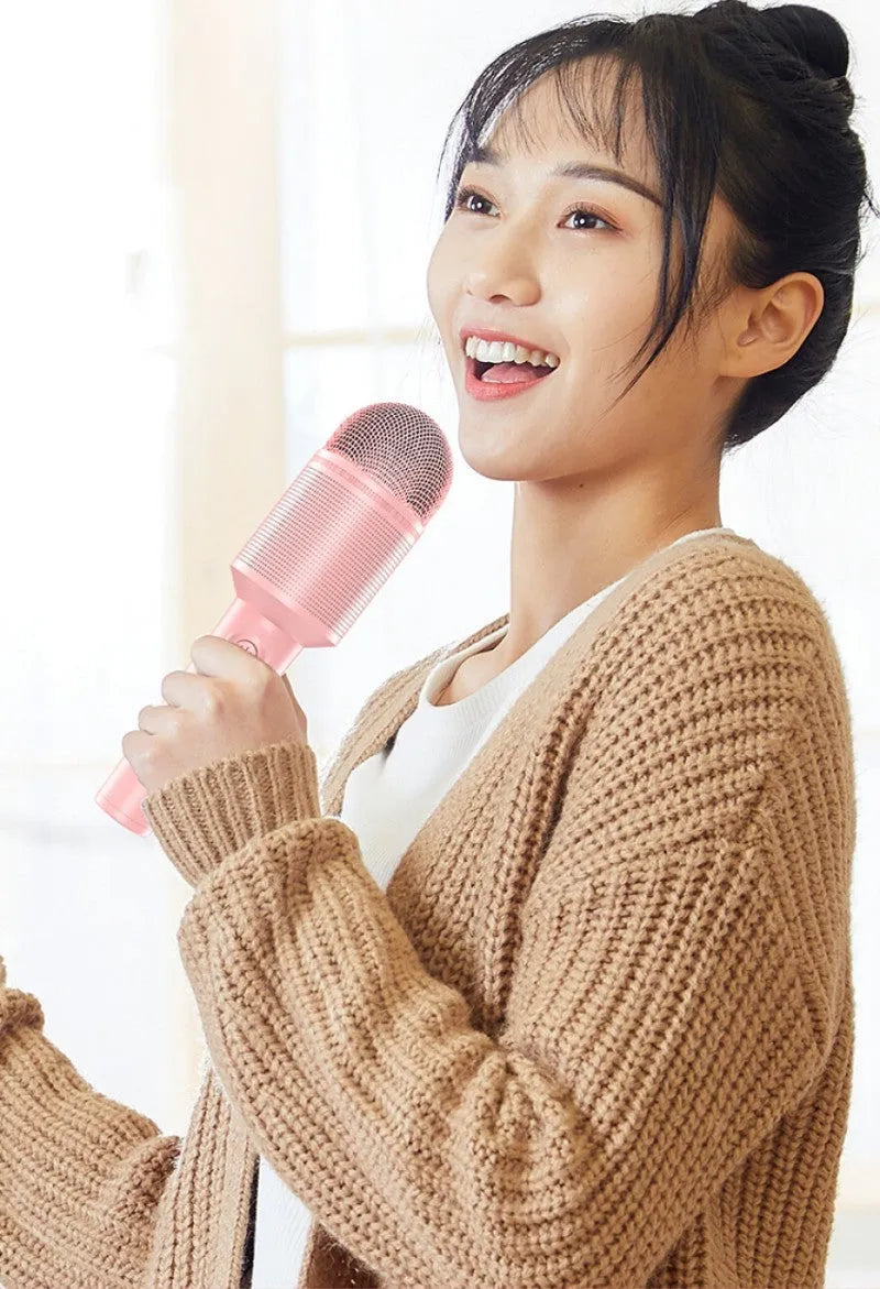 Wireless Bluetooth karaoke microphone in girly pink, sapphire blue and mint green colour options with USB connection