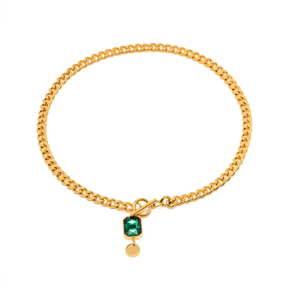 Gold electroplated French retro emerald zircon pendant necklace with titanium steel Cuban link chain