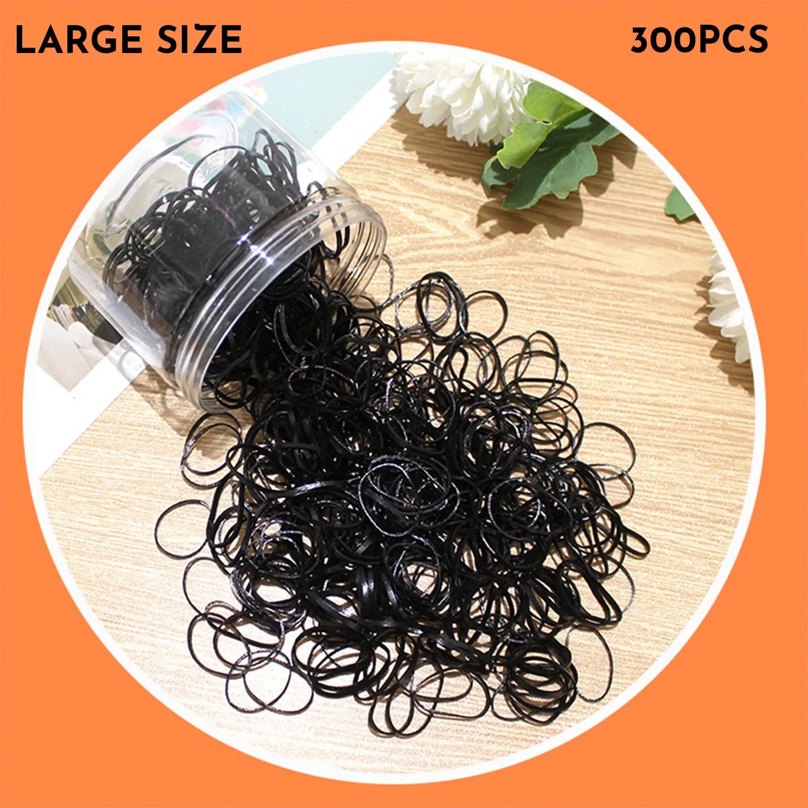 Multi-colour TPU baby hair ties in a reusable plastic storage container.