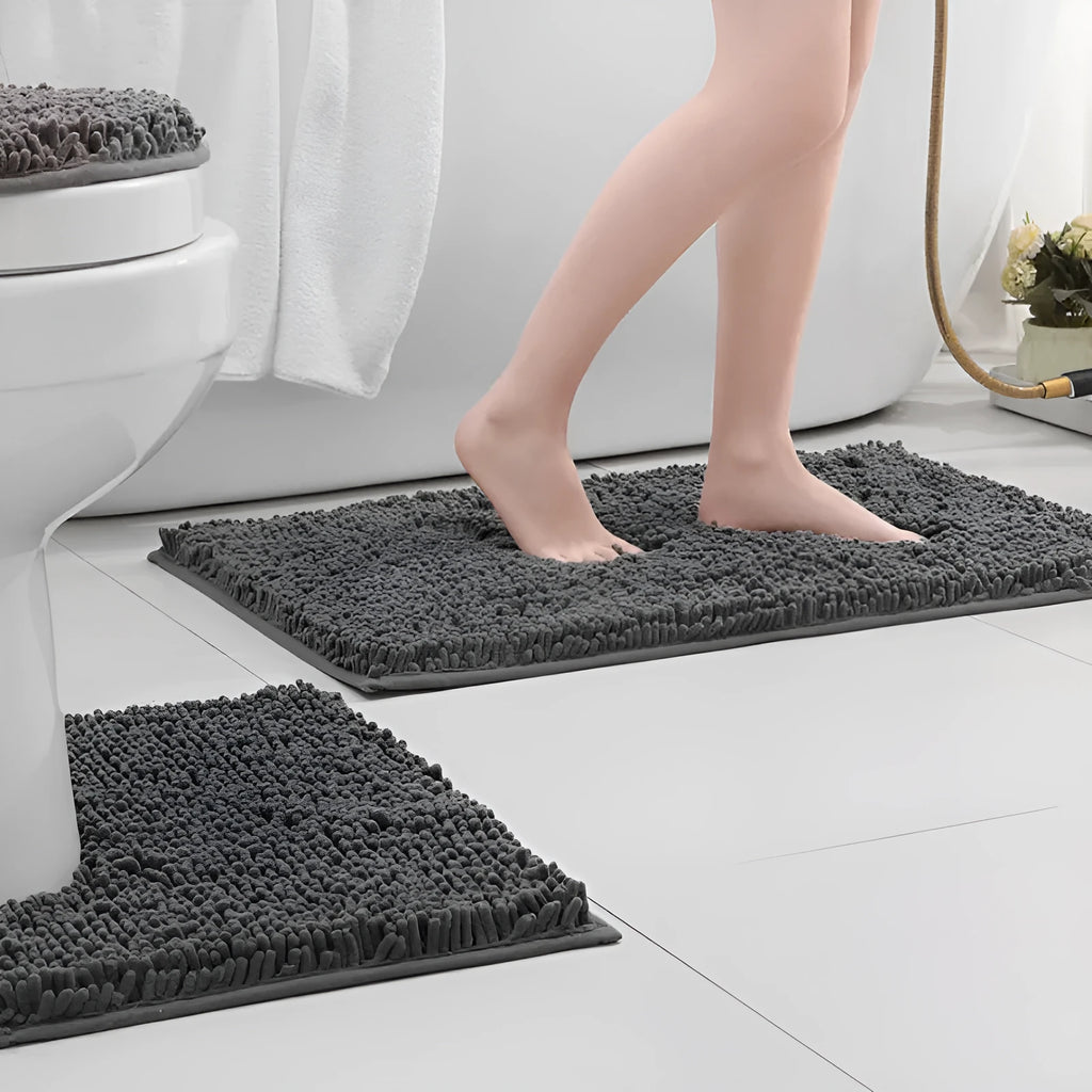Chenille long hair bathroom toilet carpet three-piece set showing U-shaped and rectangular mats.