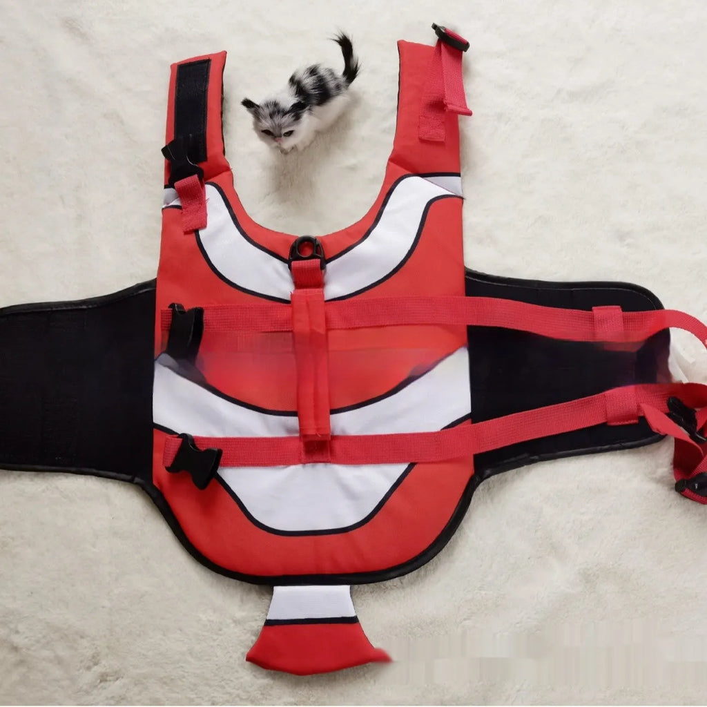 Simple striped polyester pet life jacket for dogs in orange colour showing size XS 20cm
