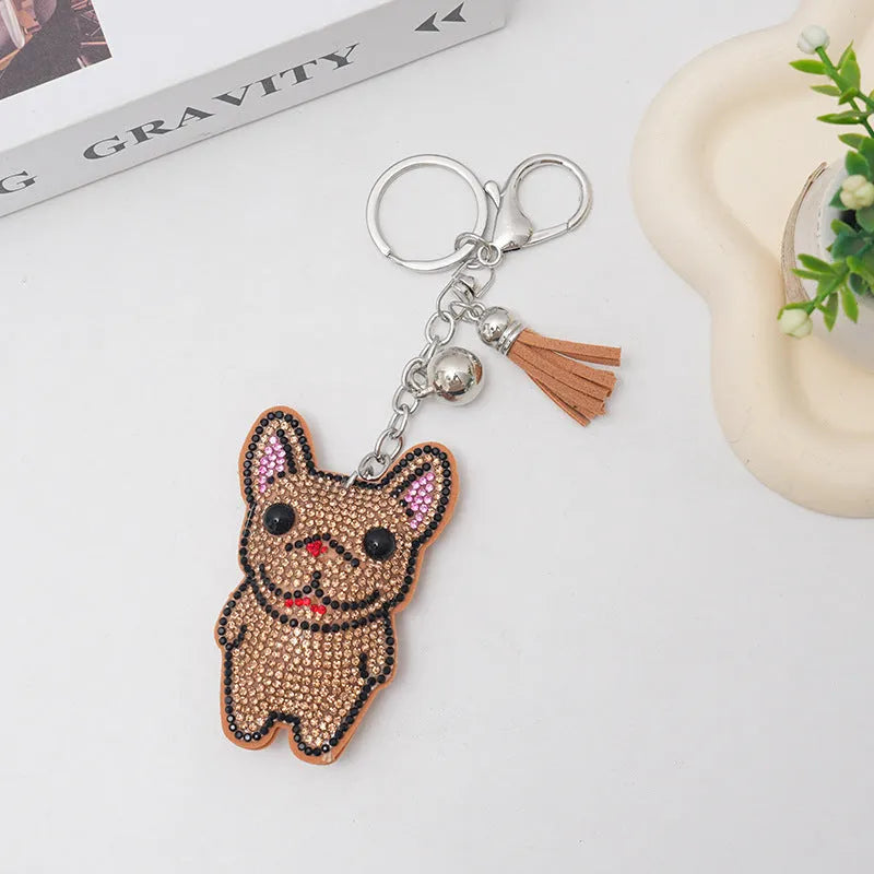 Rhinestone dog bear pig cartoon animal alloy keychain in caramel, grey, lake blue or white colours, 5-7 cm.