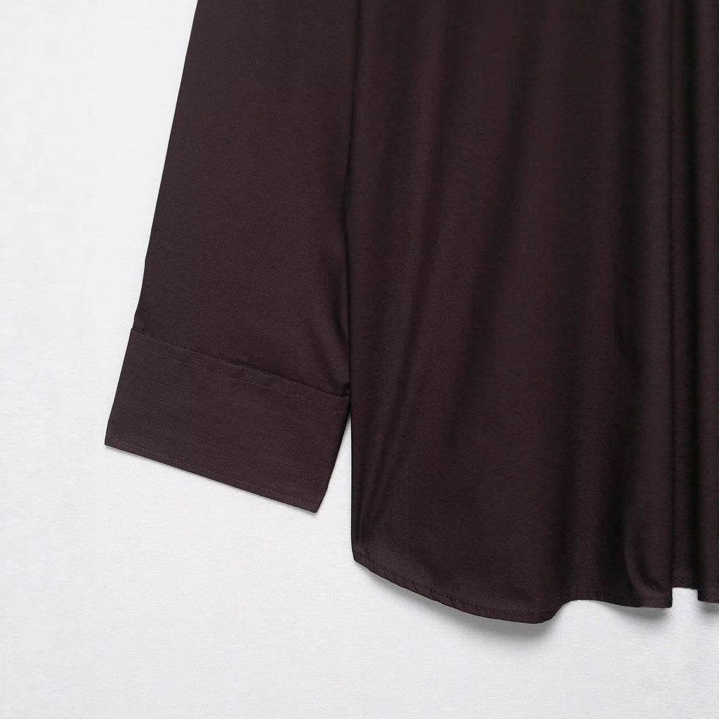 Brown women's poplin shirt with a loose fit, long sleeves, and a self-tie bow scarf collar.