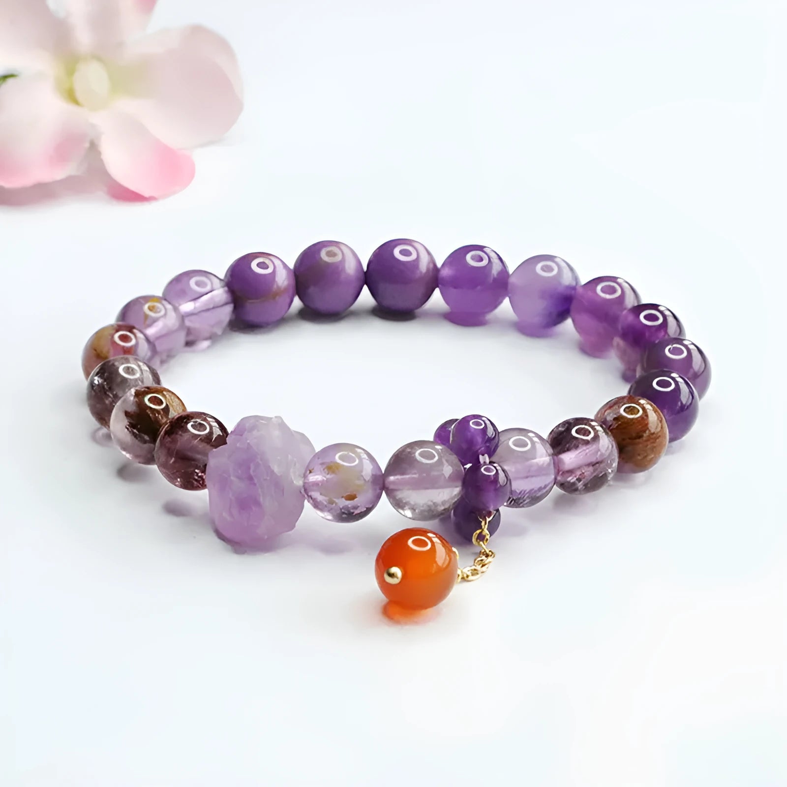 Natural nine purple amethyst and red agate crystal bracelet with Mori style design