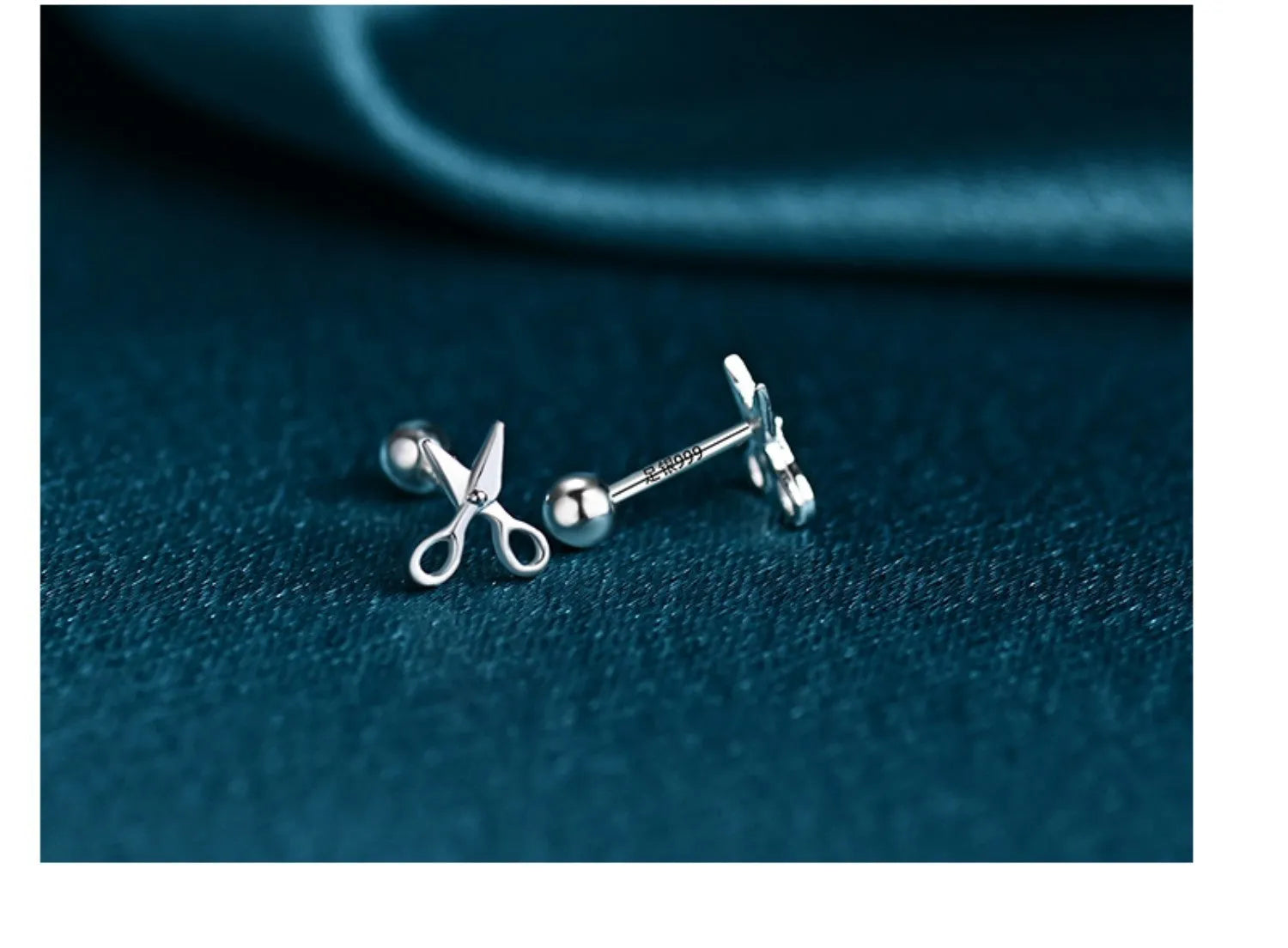 Pure silver ear nail screws with miniature scissor charm and screw-back fastening