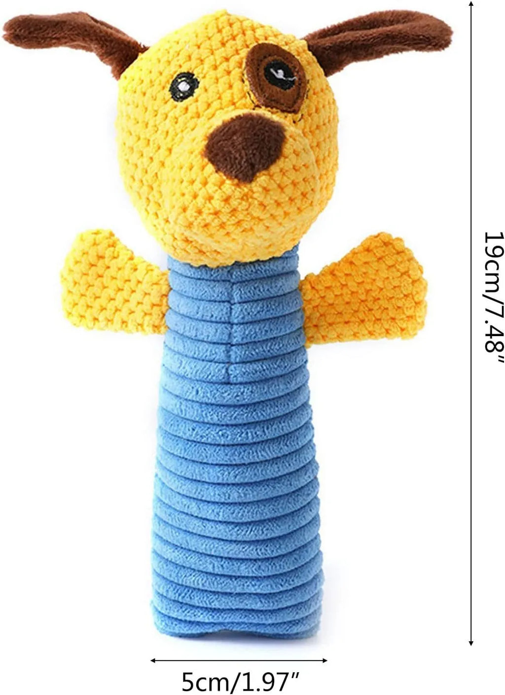 Dog squeaky chew toy shaped like a stuffed animal for dental cleaning and teething.